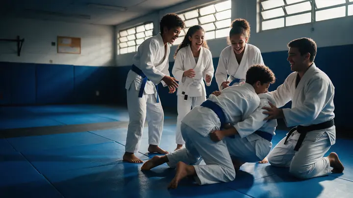 Alunos de quimono treinam jiu-jitsu com o instrutor no tatame