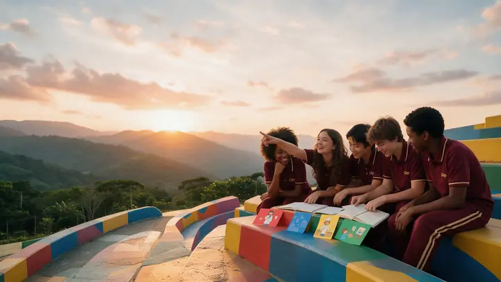 Alunos sentados em uma arquibancada colorida com cartões de profissões ao pôr do sol