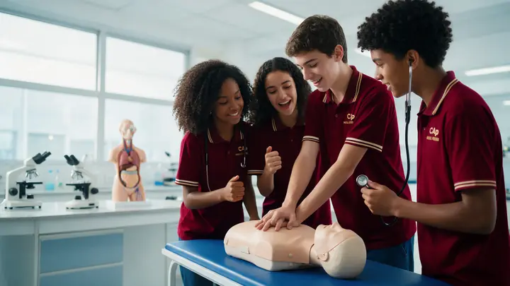 Alunos praticam primeiros socorros em um boneco de treinamento no laboratório de saúde